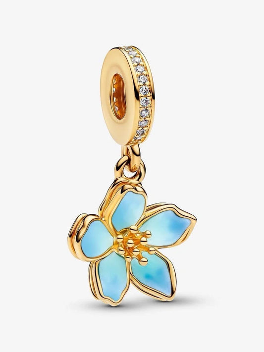 Gold & Blue Cherry Blossom Dangle Charm Hallmarked S925 Sterling Silver